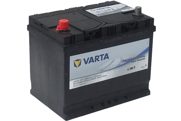 Batteri från märket VARTA för elstängselaggregat med röd pluspol och grå minuspol. Batteriet har etiketten "VARTA PROFESSIONAL Dual Purpose" och är utformat för strömförsörjning.