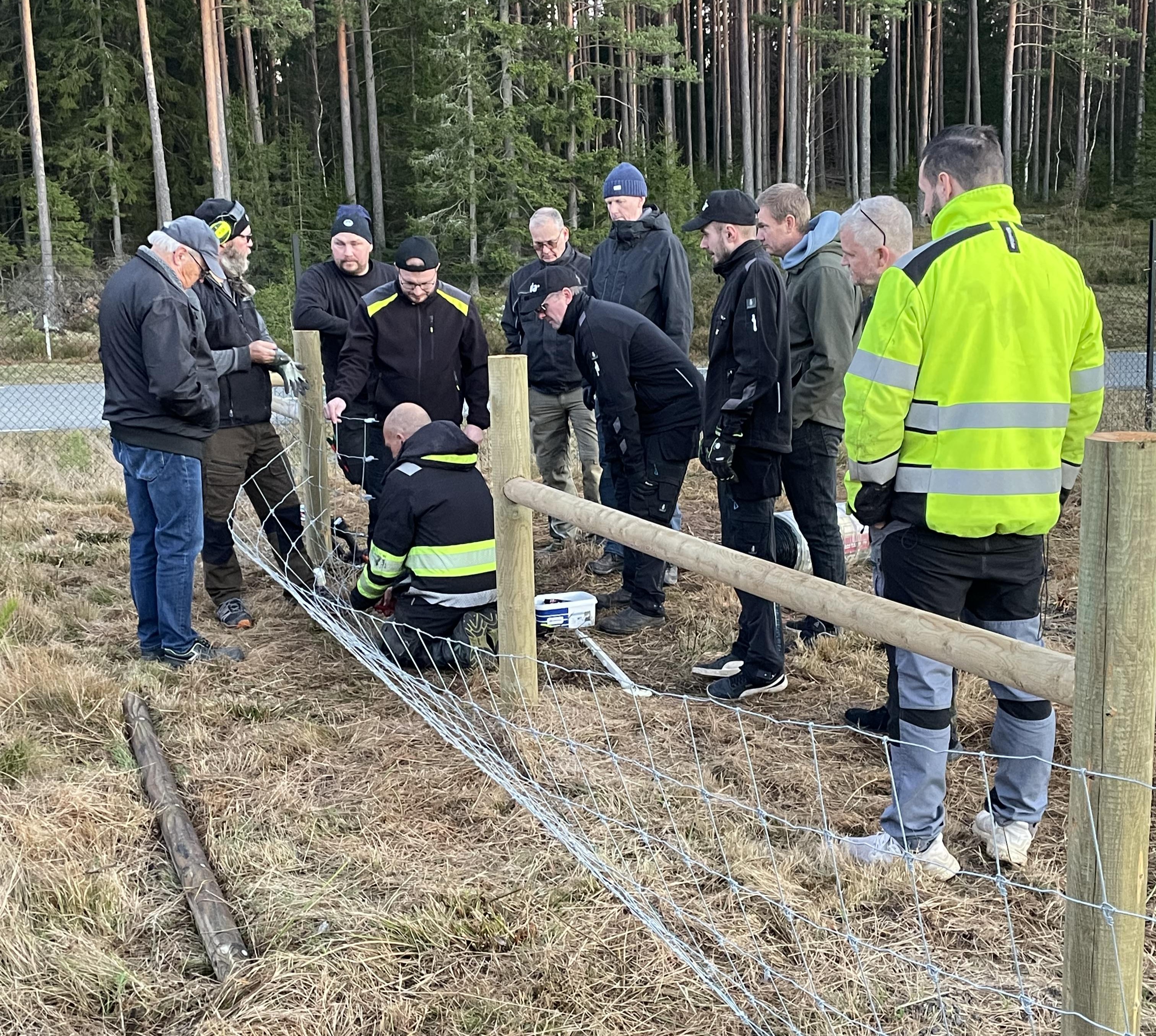 Sveriges Poda-center samlade för en utomhusträning där deltagarna lär sig en ny stängselteknik vid ett nätstängsel i skogsbrynet.