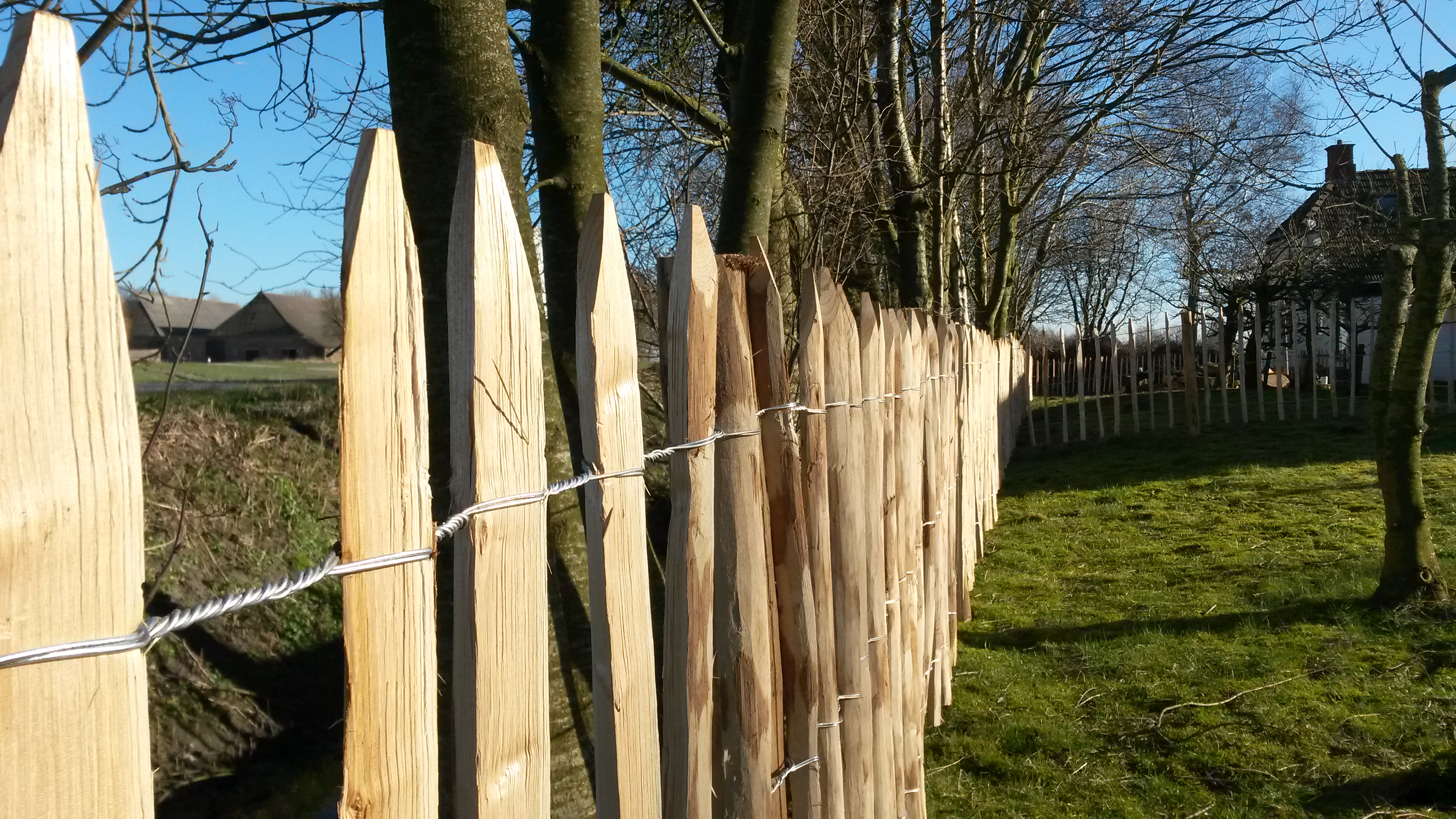 En närbild av ett kastanjestaket från Poda installerat i en trädgård