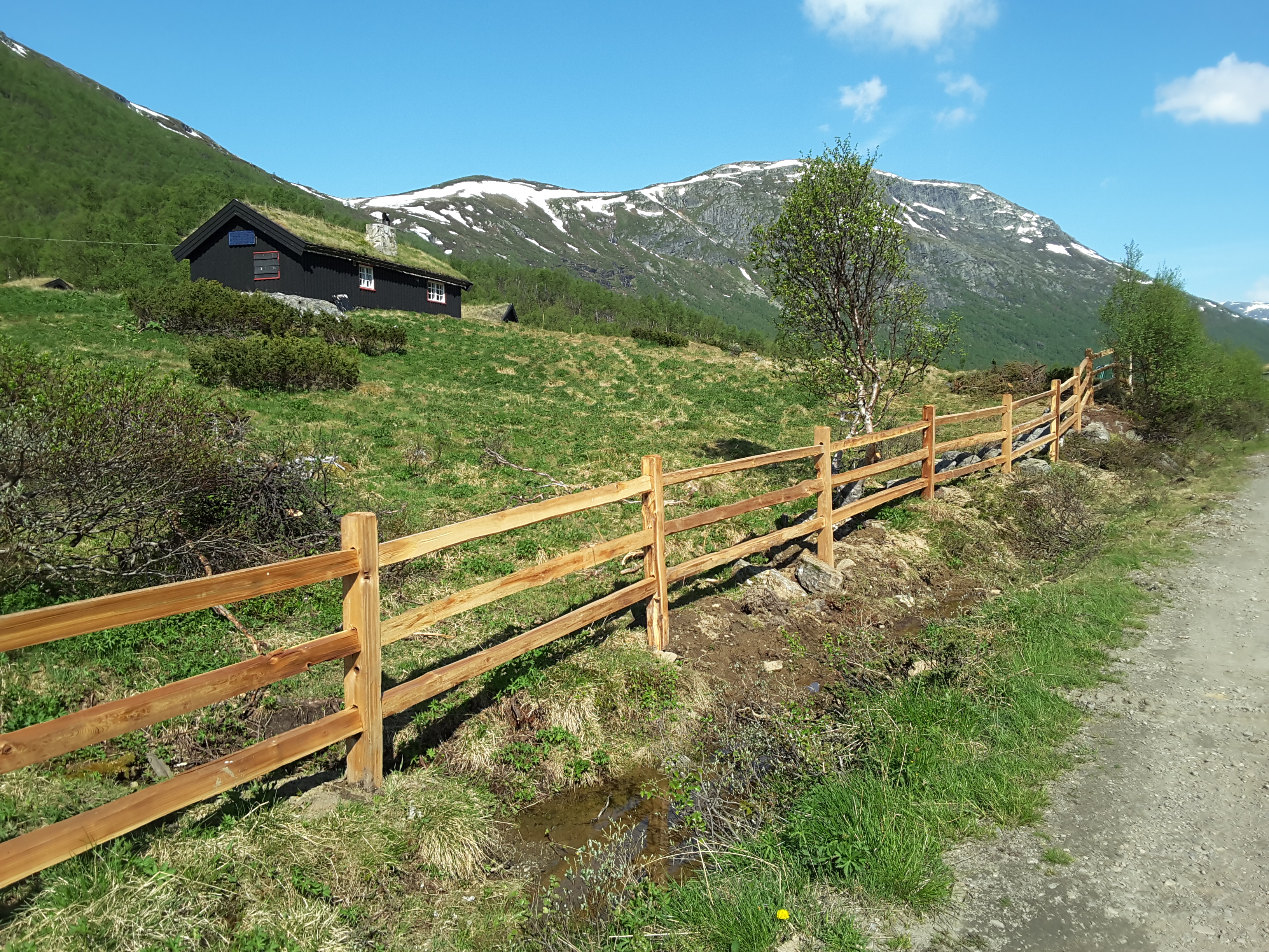 Ett rustikt staket av cederträ gränsar till en naturtomt med en stuga i ett fjällområde.
